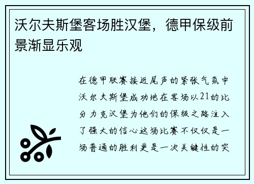 沃尔夫斯堡客场胜汉堡，德甲保级前景渐显乐观